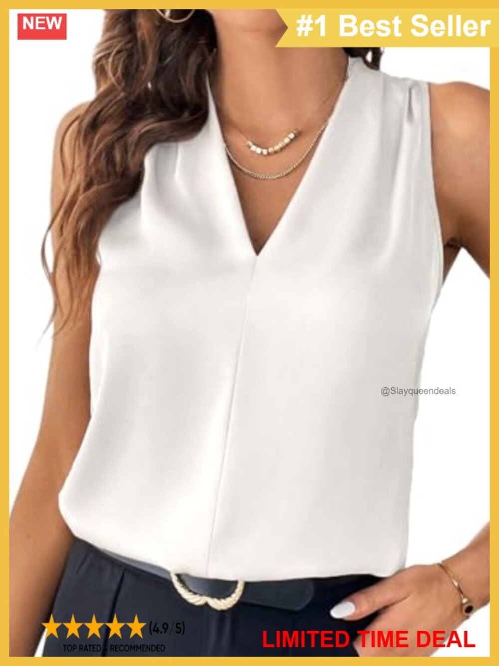Pleated V Neck Sleeveless Tank Top Loose Fit Business Casual Women